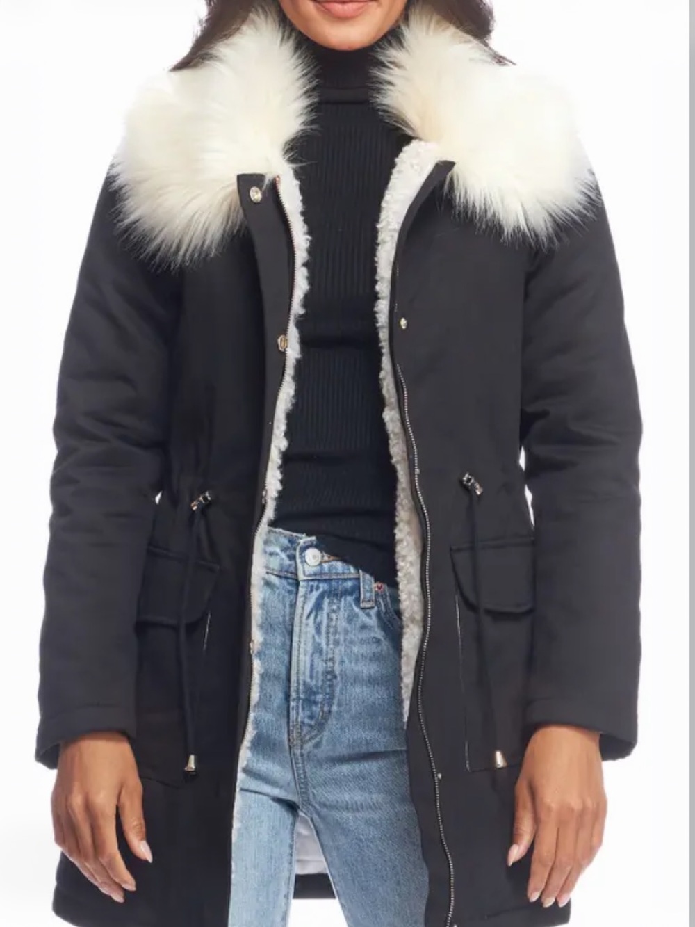 Donna Salyers Fabulous-Furs Faux Fur Trim Parka Coat Black Luxury Winter Jacket
